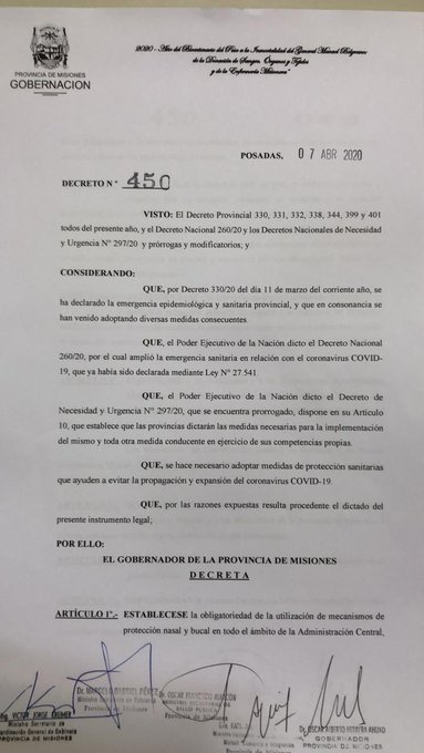 DECRETO: Es obligatorio el uso del barbijo en toda Misiones