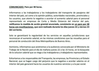 PARO DE COLECTIVOS DESDE LA MEDIA NOCHE Y POR 48 HS.