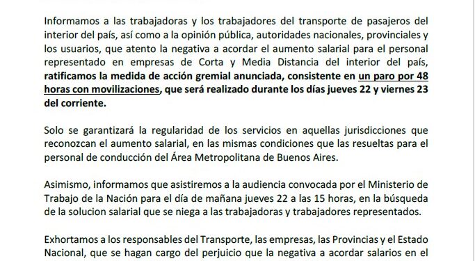 PARO DE COLECTIVOS DESDE LA MEDIA NOCHE Y POR 48 HS.