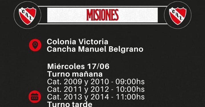 Independiente de Avellaneda realizará una prueba de jugadores en Colonia Victoria